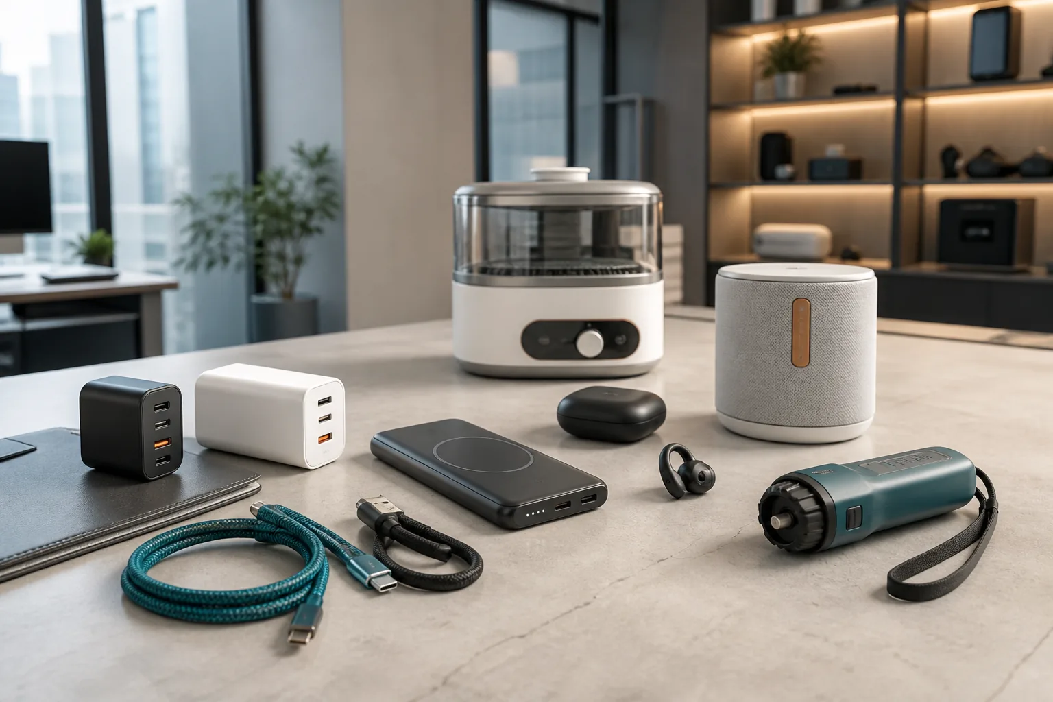 产品开发工作台上的充电设备、移动电源、音频和生活电器产品